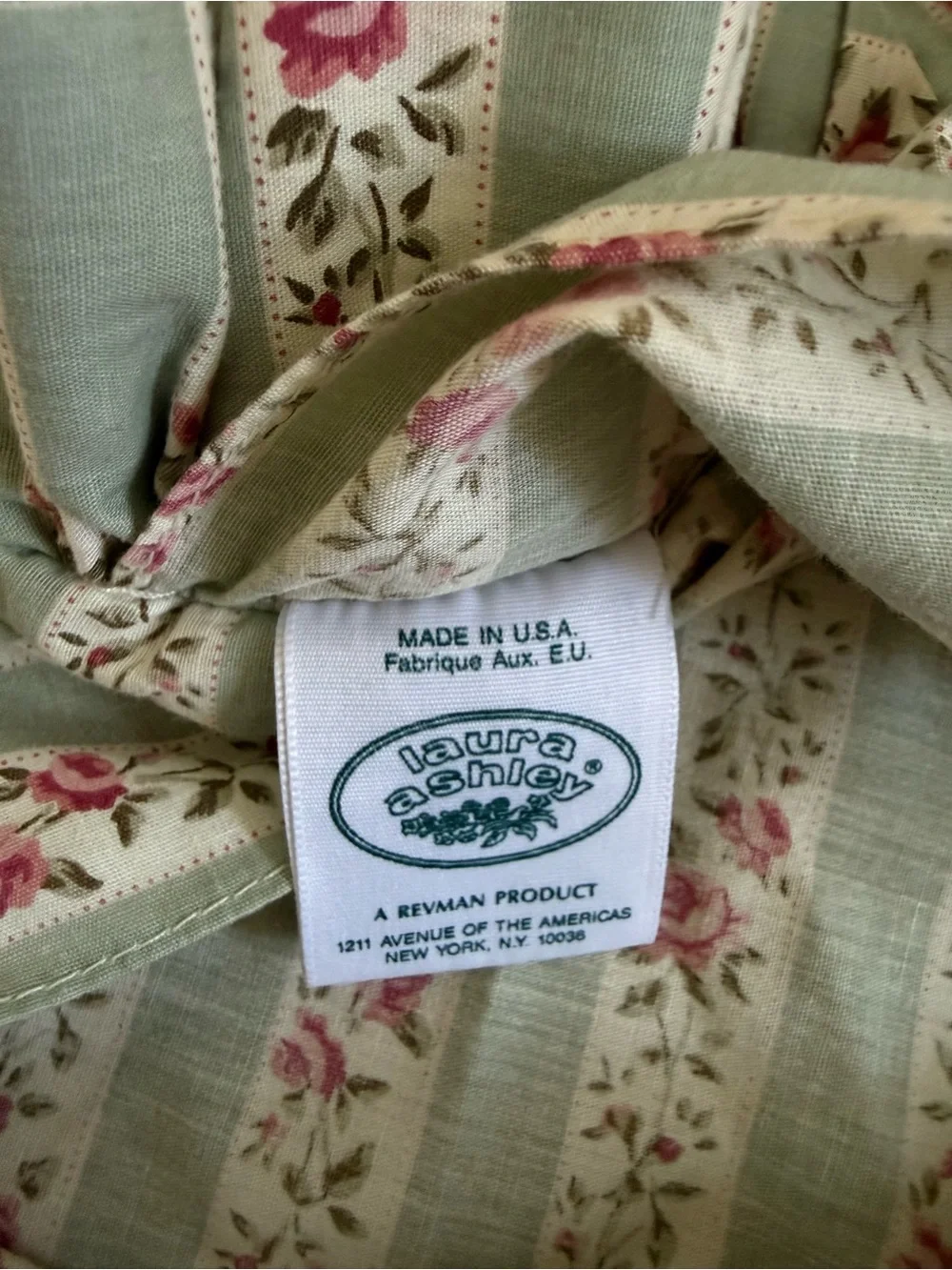 Vintage Laura Ashley Sage Green and Pink Floral Striped Ruffled pillow cover